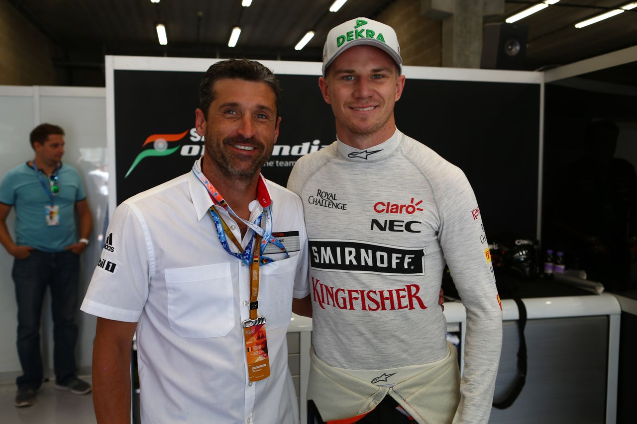 GP BELGIO, 23.08.2015 - Gara, Patrick Dempsey (USA) Actor e Nico Hulkenberg (GER) Sahara Force India F1 VJM08