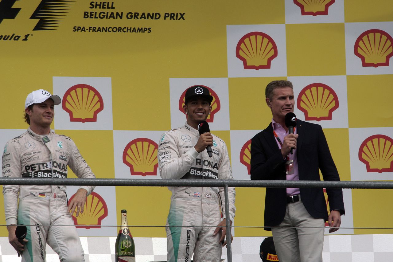 GP BELGIO, 23.08.2015 - Gara, Lewis Hamilton (GBR) Mercedes AMG F1 W06 vincitore e David Coulthard (GBR)