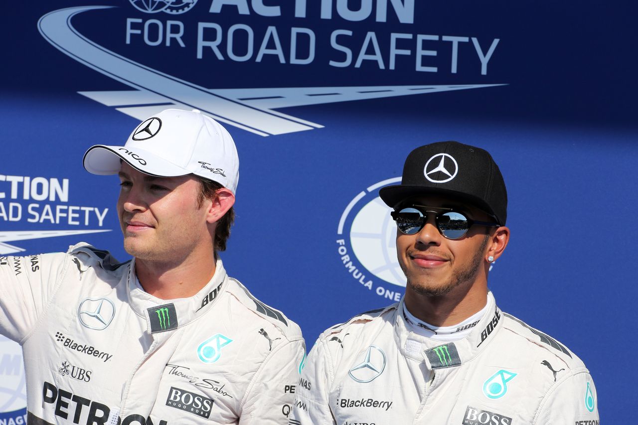 GP BELGIO, 22.08.2015 - Qualifiche, Nico Rosberg (GER) Mercedes AMG F1 W06 e Lewis Hamilton (GBR) Mercedes AMG F1 W06 pole position