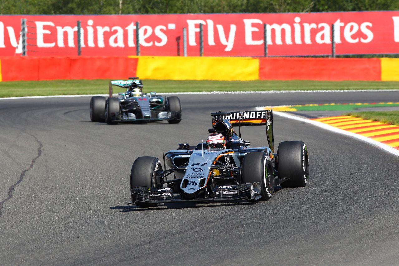 GP BELGIO, 21.08.2015 - Prove Libere 1, Nico Hulkenberg (GER) Sahara Force India F1 VJM08 e Lewis Hamilton (GBR) Mercedes AMG F1 W06