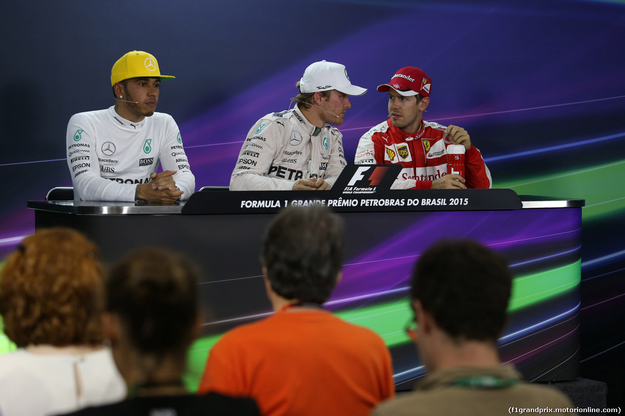 GP BRASILE, 15.11.2015 - Gara, Conferenza Stampa, Lewis Hamilton (GBR) Mercedes AMG F1 W06, Nico Rosberg (GER) Mercedes AMG F1 W06 e Sebastian Vettel (GER) Ferrari SF15-T