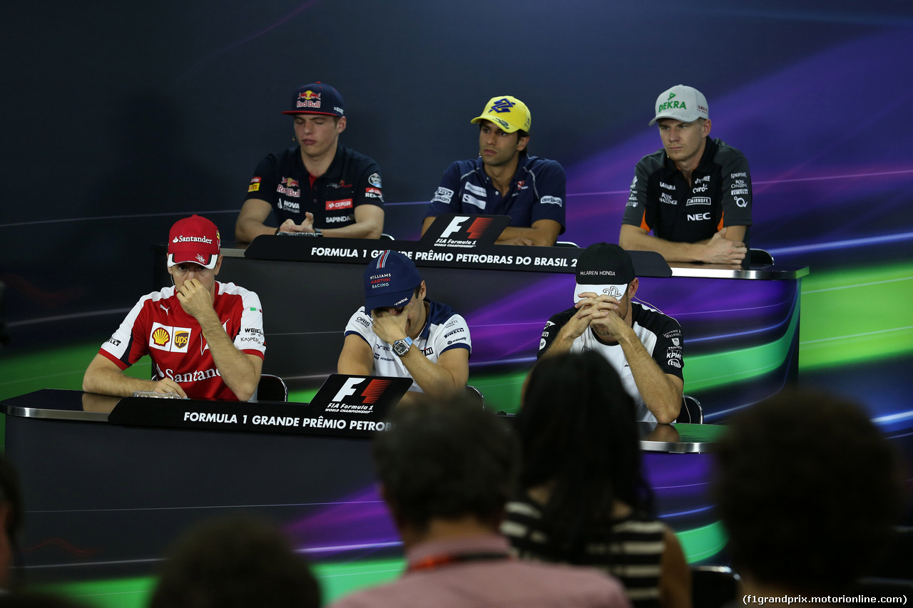 GP BRASILE, 12.11.2015 - Conferenza Stampa, (High) Max Verstappen (NED) Scuderia Toro Rosso STR10, Felipe Nasr (BRA) Sauber C34, Nico Hulkenberg (GER) Sahara Force India F1 VJM08, Sebastian Vettel (GER) Ferrari SF15-T, Felipe Massa (BRA) Williams F1 Team FW37 e Jenson Button (GBR)  McLaren Honda MP4-30.