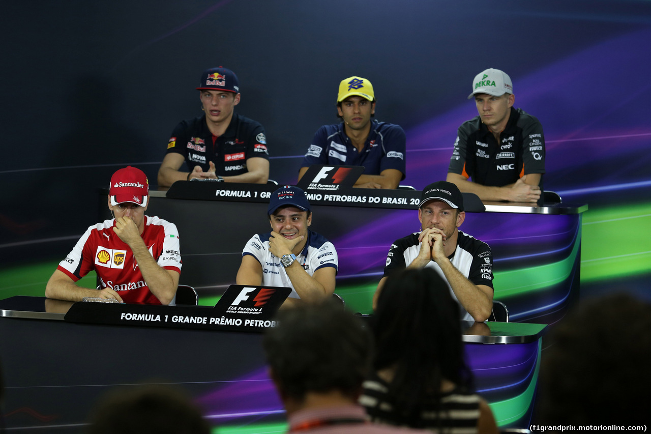 GP BRASILE, 12.11.2015 - Conferenza Stampa, (High) Max Verstappen (NED) Scuderia Toro Rosso STR10, Felipe Nasr (BRA) Sauber C34, Nico Hulkenberg (GER) Sahara Force India F1 VJM08, Sebastian Vettel (GER) Ferrari SF15-T, Felipe Massa (BRA) Williams F1 Team FW37 e Jenson Button (GBR)  McLaren Honda MP4-30.