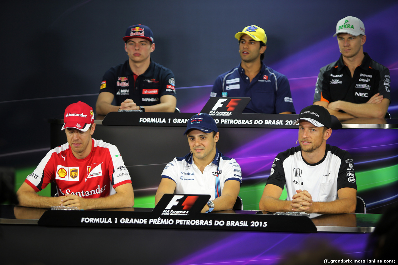 GP BRASILE, 12.11.2015 - Conferenza Stampa, (High) Max Verstappen (NED) Scuderia Toro Rosso STR10, Felipe Nasr (BRA) Sauber C34, Nico Hulkenberg (GER) Sahara Force India F1 VJM08, Sebastian Vettel (GER) Ferrari SF15-T, Felipe Massa (BRA) Williams F1 Team FW37 e Jenson Button (GBR)  McLaren Honda MP4-30.