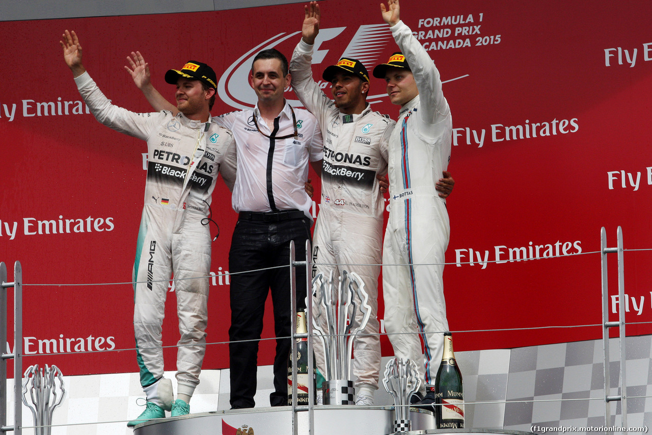 GP CANADA, 07.06.2015 - Gara, Lewis Hamilton (GBR) Mercedes AMG F1 W06, vincitore, secondo Nico Rosberg (GER) Mercedes AMG F1 W06 e terzo Valtteri Bottas (FIN) Williams F1 Team FW37