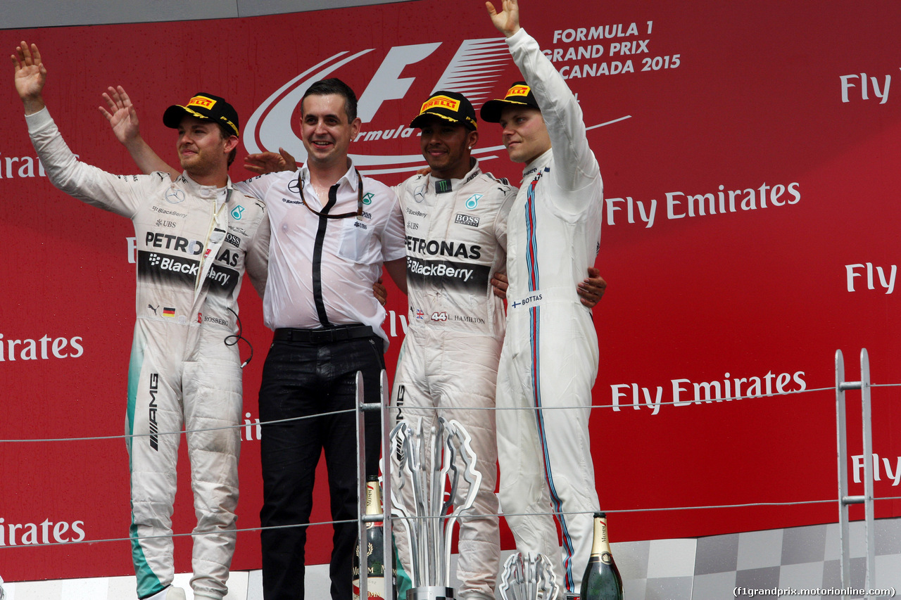 GP CANADA, 07.06.2015 - Gara, Lewis Hamilton (GBR) Mercedes AMG F1 W06, vincitore, secondo Nico Rosberg (GER) Mercedes AMG F1 W06 e terzo Valtteri Bottas (FIN) Williams F1 Team FW37