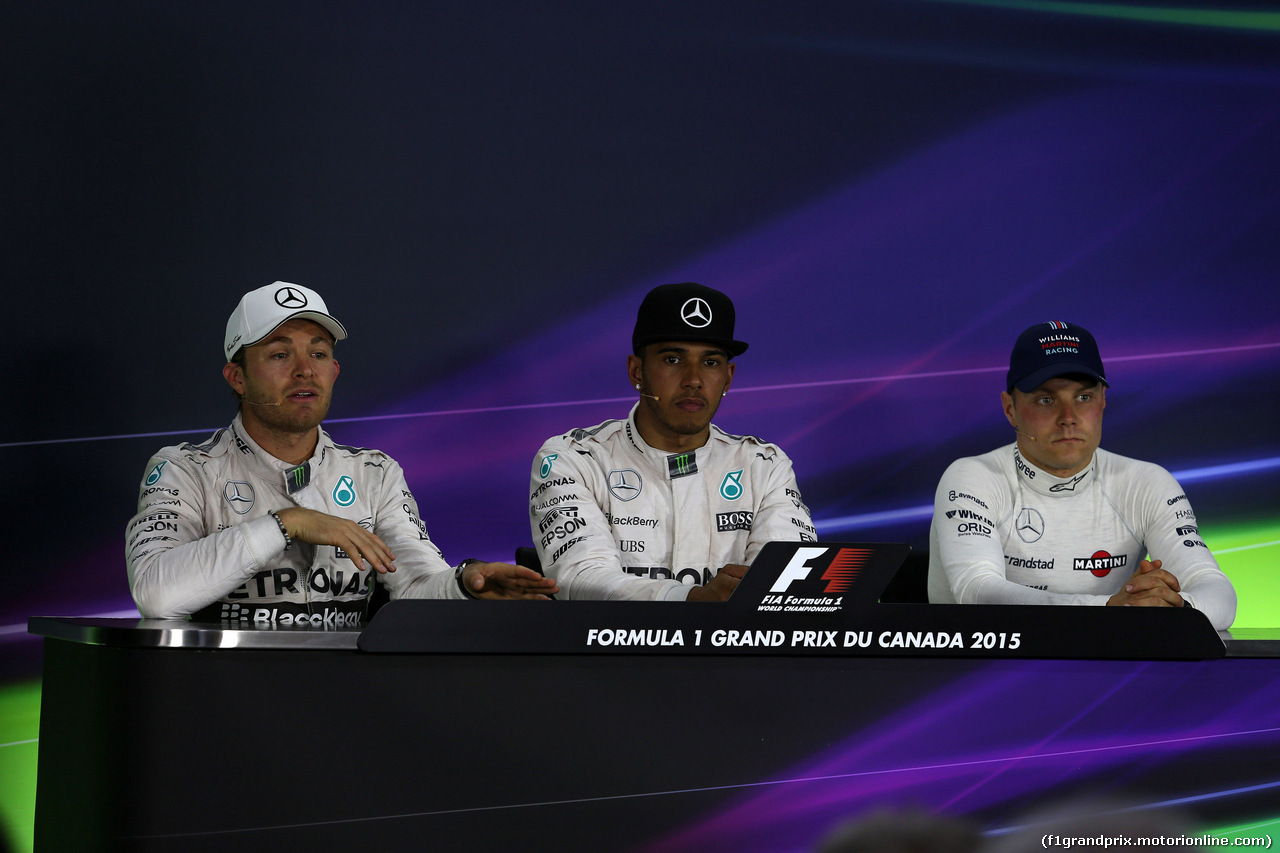 GP CANADA, 07.06.2015 - Gara, Conferenza Stampa, Nico Rosberg (GER) Mercedes AMG F1 W06, Lewis Hamilton (GBR) Mercedes AMG F1 W06 e Valtteri Bottas (FIN) Williams F1 Team FW37