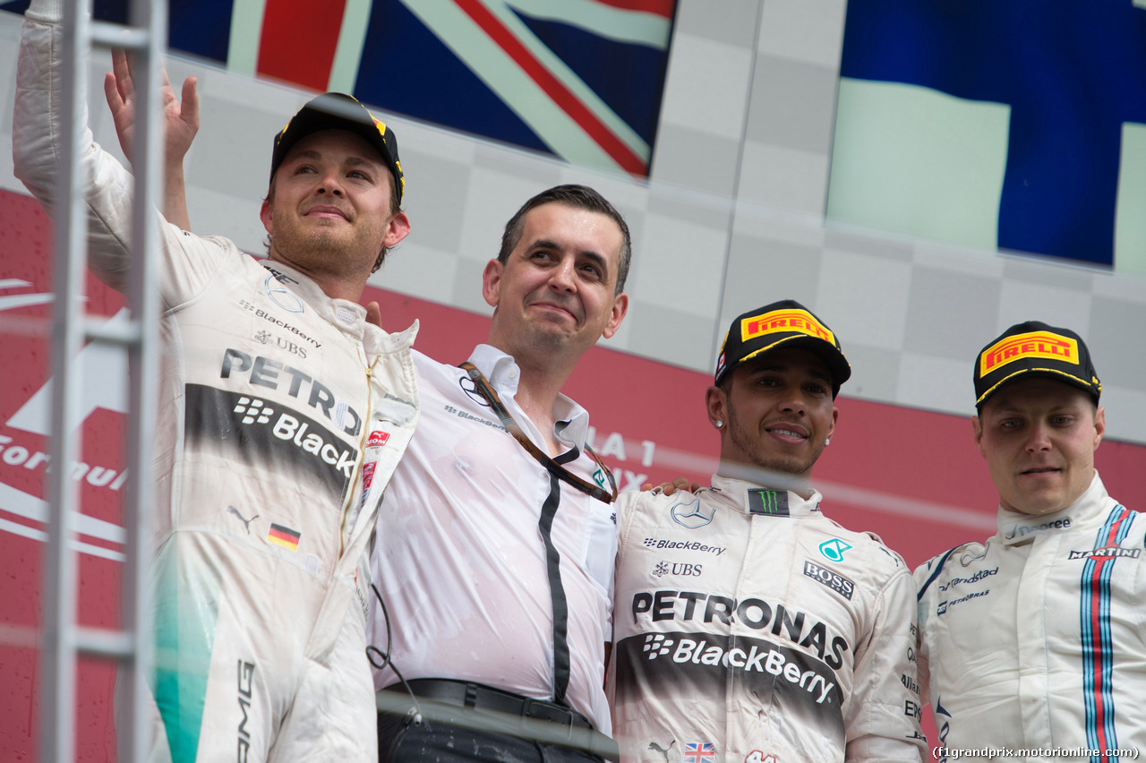 GP CANADA, 07.06.2015 - Gara, Lewis Hamilton (GBR) Mercedes AMG F1 W06 vincitore, secondo Nico Rosberg (GER) Mercedes AMG F1 W06 e terzo Valtteri Bottas (FIN) Williams F1 Team FW37