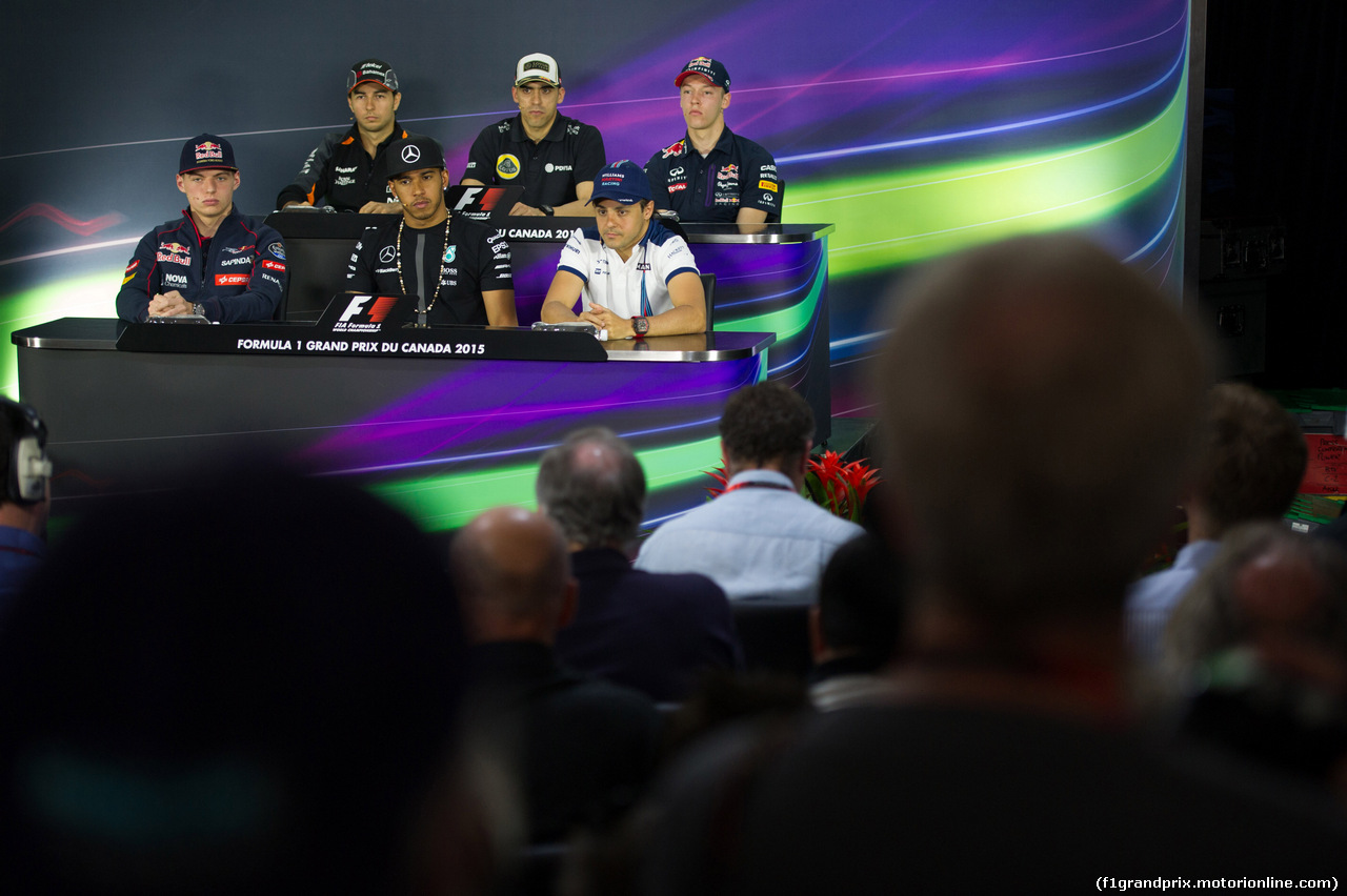 GP CANADA, 04.06.2015 - Conferenza Stampa, (L-R) Sergio Perez (MEX) Sahara Force India F1 VJM08, Pastor Maldonado (VEN) Lotus F1 Team E23, Daniil Kvyat (RUS) Red Bull Racing RB11, Max Verstappen (NED) Scuderia Toro Rosso STR10, Lewis Hamilton (GBR) Mercedes AMG F1 W06 e Felipe Massa (BRA) Williams F1 Team FW37