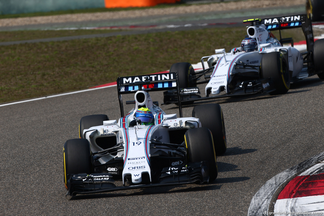 GP CINA, 12.04.2015 - Gara, Felipe Massa (BRA) Williams F1 Team FW37 davanti a Valtteri Bottas (FIN) Williams F1 Team FW37