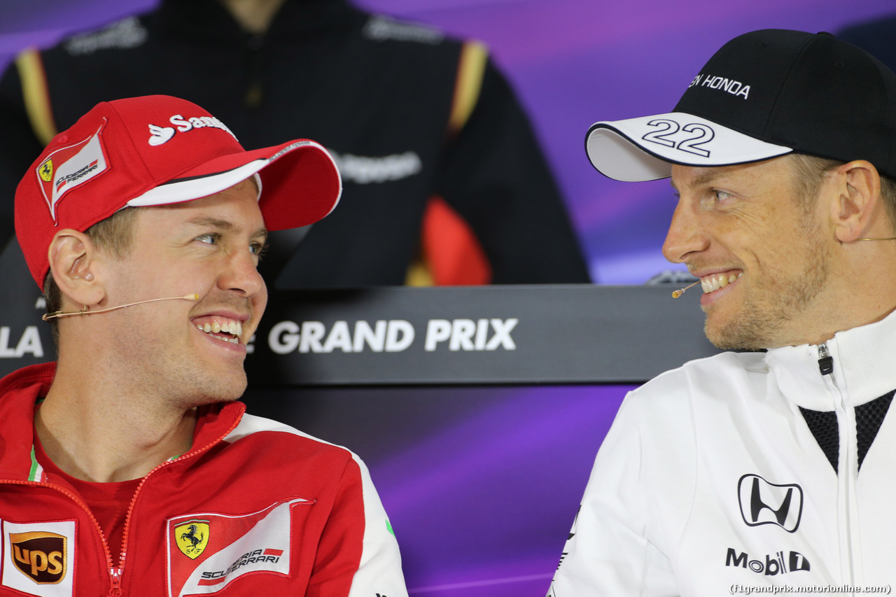 GP CINA, 09.04.2015 - Conferenza Stampa, Sebastian Vettel (GER) Ferrari SF15-T e Jenson Button (GBR)  McLaren Honda MP4-30.