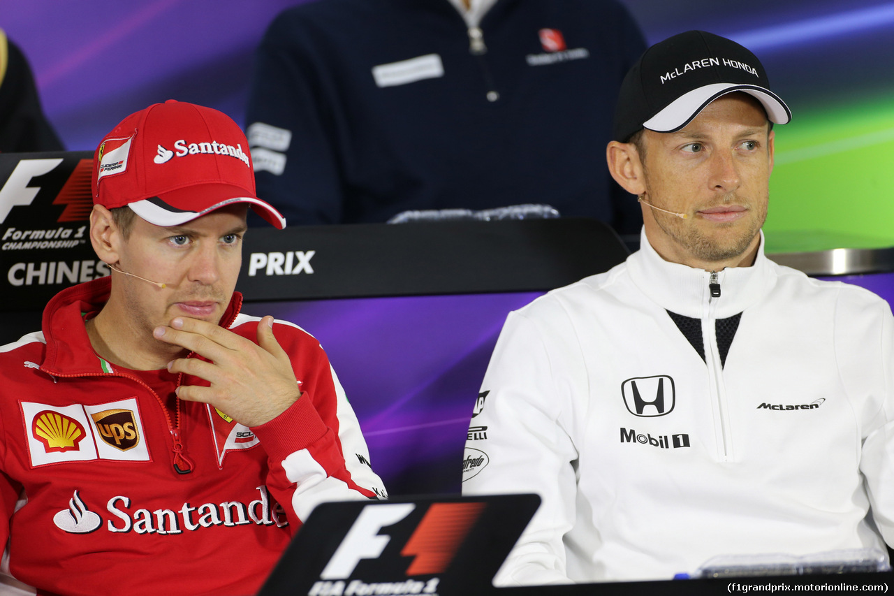 GP CINA, 09.04.2015 - Conferenza Stampa, Sebastian Vettel (GER) Ferrari SF15-T e Jenson Button (GBR)  McLaren Honda MP4-30.