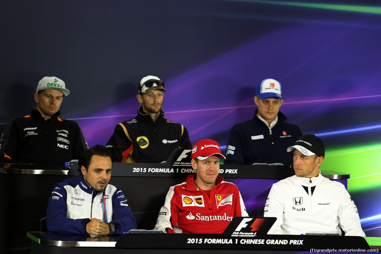 GP CINA, 09.04.2015 - Conferenza Stampa, Nico Hulkenberg (GER) Sahara Force India F1 VJM08, Romain Grosjean (FRA) Lotus F1 Team E23, Marcus Ericsson (SUE) Sauber C34, Felipe Massa (BRA) Williams F1 Team FW37, Sebastian Vettel (GER) Ferrari SF15-T e Jenson Button (GBR)  McLaren Honda MP4-30.
