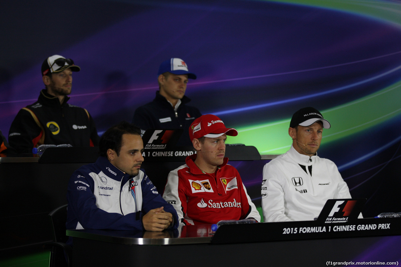 GP CINA, 09.04.2015 - Conferenza Stampa, Romain Grosjean (FRA) Lotus F1 Team E23, Marcus Ericsson (SUE) Sauber C34, Felipe Massa (BRA) Williams F1 Team FW37, Sebastian Vettel (GER) Ferrari SF15-T e Jenson Button (GBR)  McLaren Honda MP4-30.