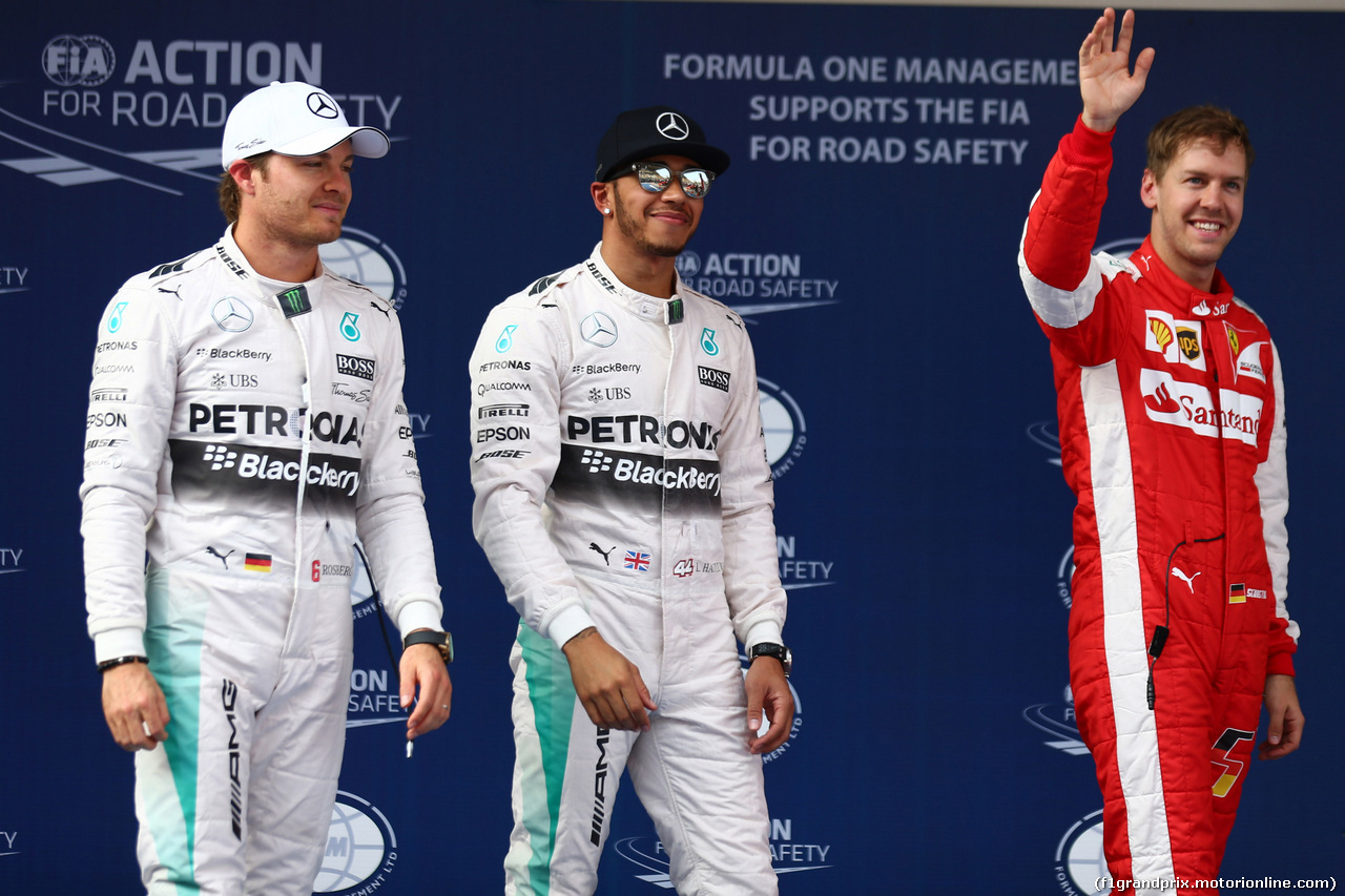 GP CINA, 11.04.2015 - Qualifiche, secondo Nico Rosberg (GER) Mercedes AMG F1 W06, Lewis Hamilton (GBR) Mercedes AMG F1 W06 pole position e terzo Sebastian Vettel (GER) Ferrari SF15-T