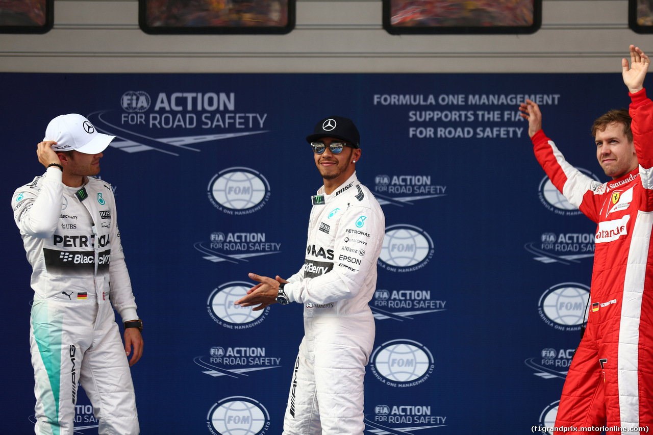 GP CINA, 11.04.2015 - Qualifiche, secondo Nico Rosberg (GER) Mercedes AMG F1 W06, Lewis Hamilton (GBR) Mercedes AMG F1 W06 pole position e terzo Sebastian Vettel (GER) Ferrari SF15-T
