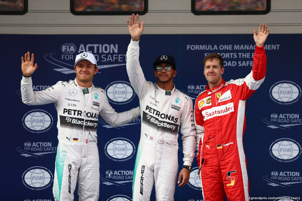 GP CINA, 11.04.2015 - Qualifiche, secondo Nico Rosberg (GER) Mercedes AMG F1 W06, Lewis Hamilton (GBR) Mercedes AMG F1 W06 pole position e terzo Sebastian Vettel (GER) Ferrari SF15-T