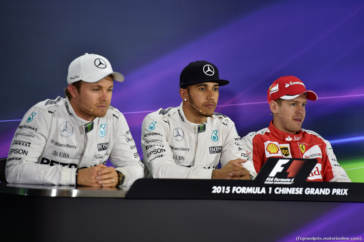 GP CINA, 11.04.2015 - Qualifiche, Conferenza Stampa, Nico Rosberg (GER) Mercedes AMG F1 W06, Lewis Hamilton (GBR) Mercedes AMG F1 W06 e Sebastian Vettel (GER) Ferrari SF15-T