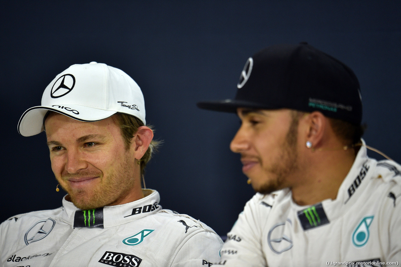 GP CINA, 11.04.2015 - Qualifiche, Conferenza Stampa, Nico Rosberg (GER) Mercedes AMG F1 W06 e Lewis Hamilton (GBR) Mercedes AMG F1 W06