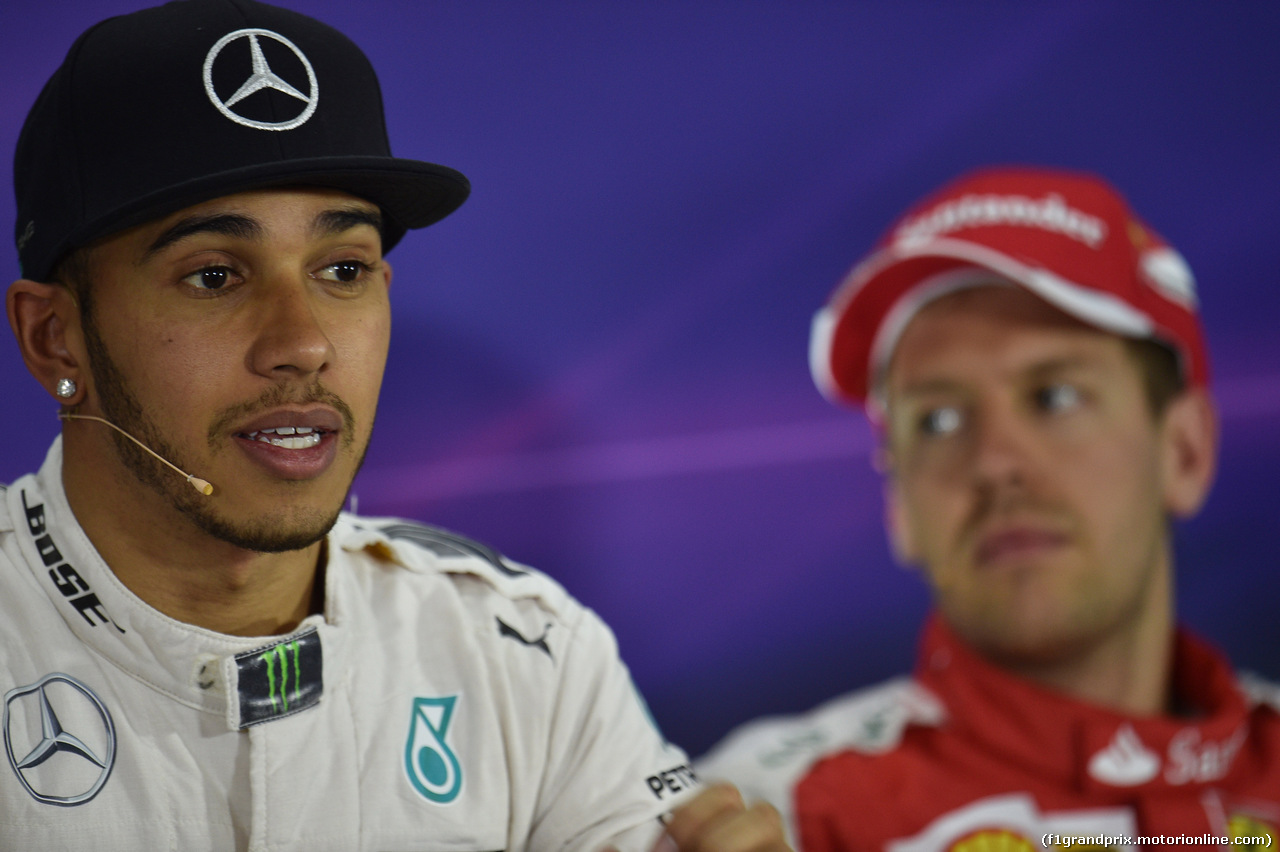 GP CINA, 11.04.2015 - Qualifiche, Conferenza Stampa, Lewis Hamilton (GBR) Mercedes AMG F1 W06 e Sebastian Vettel (GER) Ferrari SF15-T