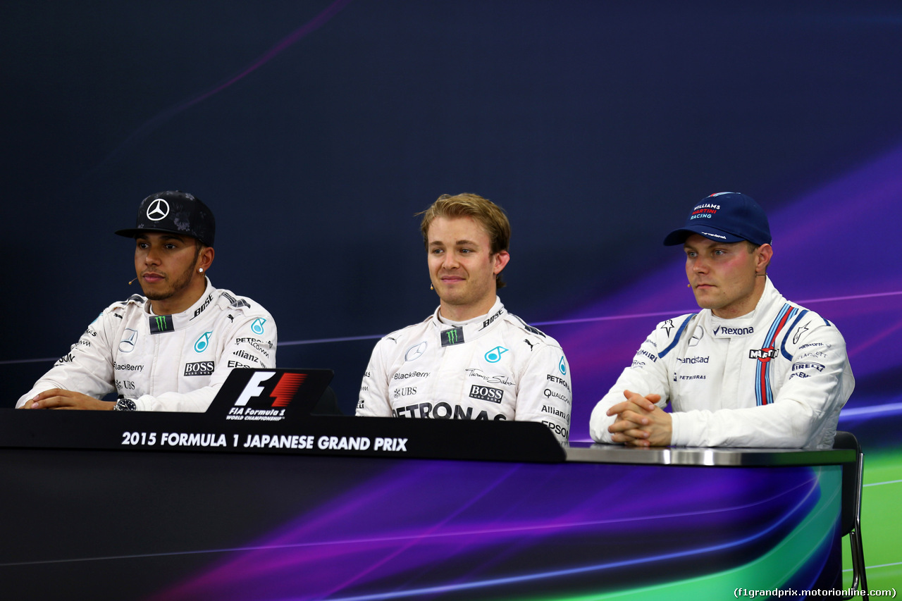GP GIAPPONE, 26.09.2015 - Qualifiche, Conferenza Stampa, Lewis Hamilton (GBR) Mercedes AMG F1 W06, Nico Rosberg (GER) Mercedes AMG F1 W06 e Valtteri Bottas (FIN) Williams F1 Team FW37