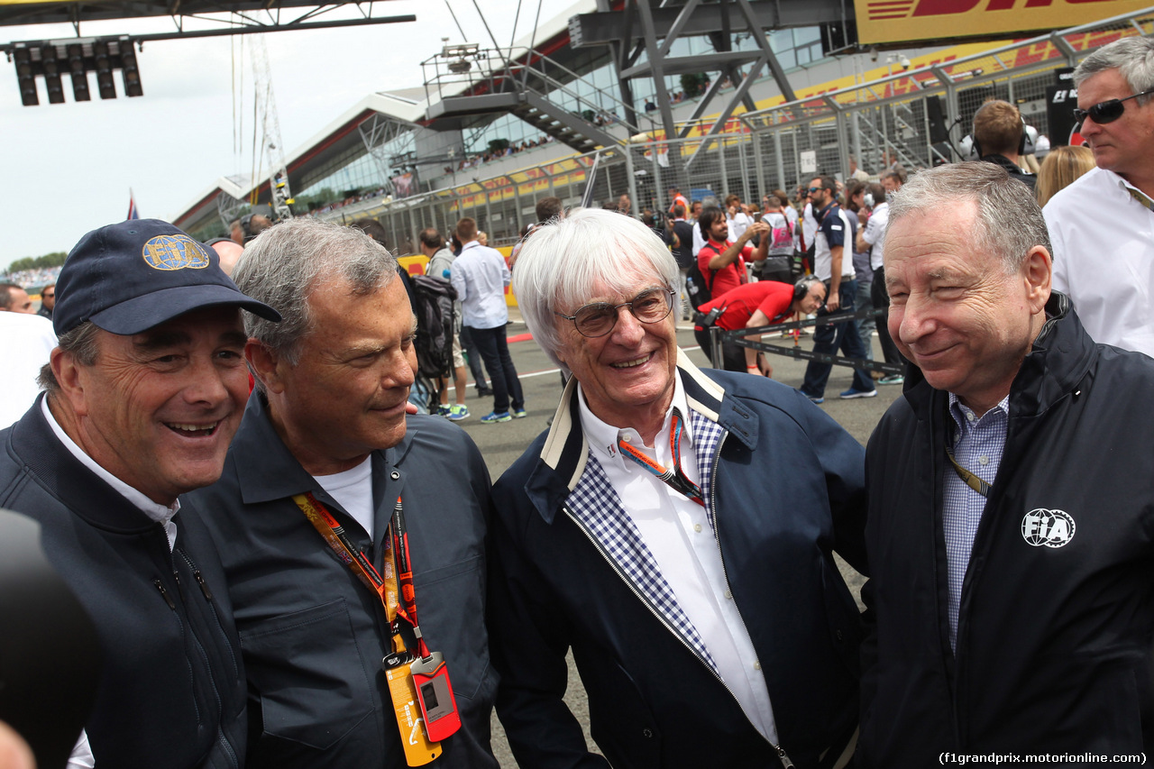GP GRAN BRETAGNA, 05.07.2015- Gara, (L-R) Nigel Mansell, Bernie Ecclestone (GBR), President e CEO of FOM e Jean Todt (FRA), President FIA