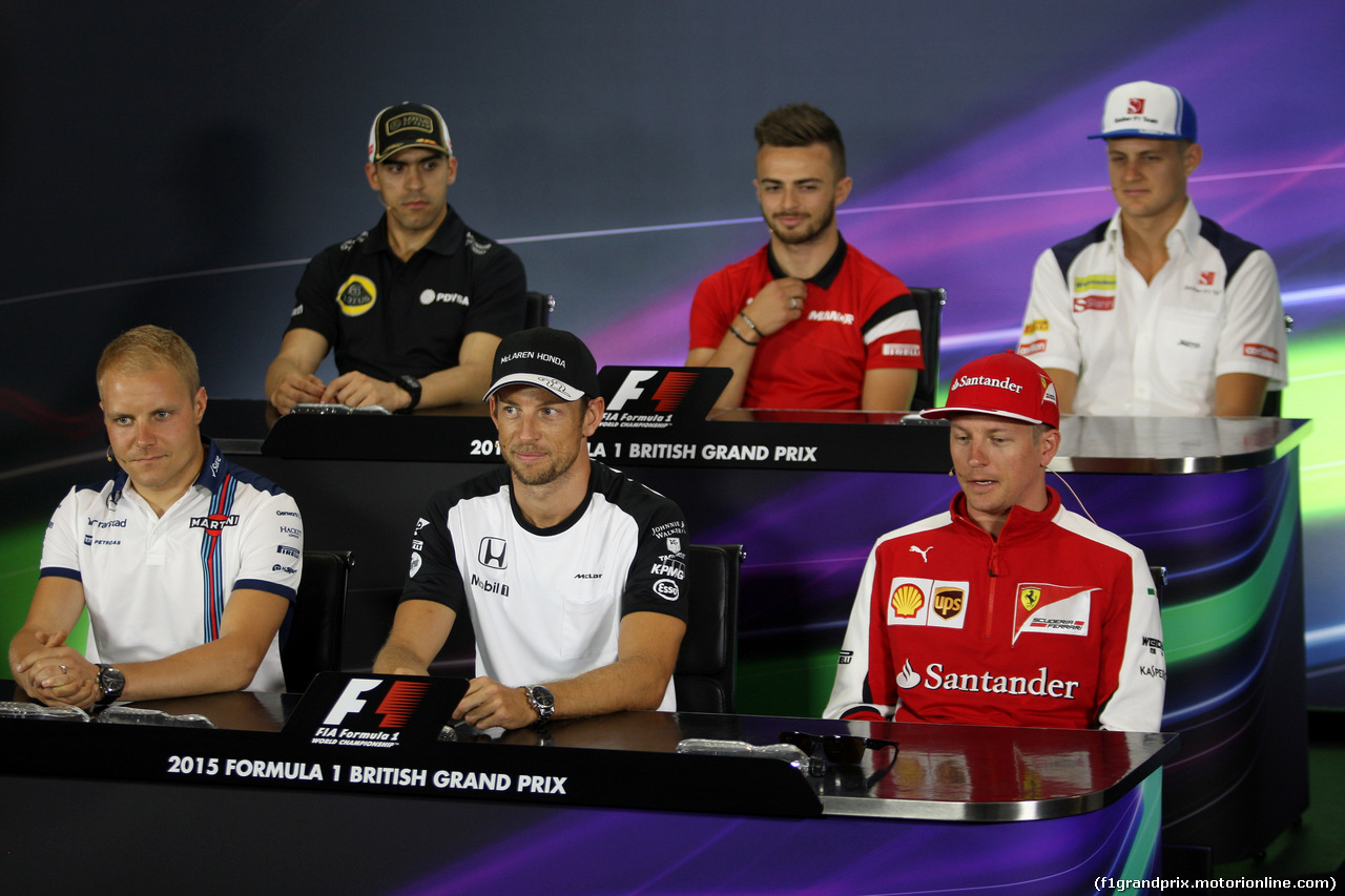 GP GRAN BRETAGNA, 02.07.2015 - Conferenza Stampa, (L-R) Pastor Maldonado (VEN) Lotus F1 Team E23, William Stevens (GBR) Manor Marussia F1 Team, Marcus Ericsson (SUE) Sauber C34, Valtteri Bottas (FIN) Williams F1 Team FW37, Jenson Button (GBR)  McLaren Honda MP4-30. e Kimi Raikkonen (FIN) Ferrari SF15-T