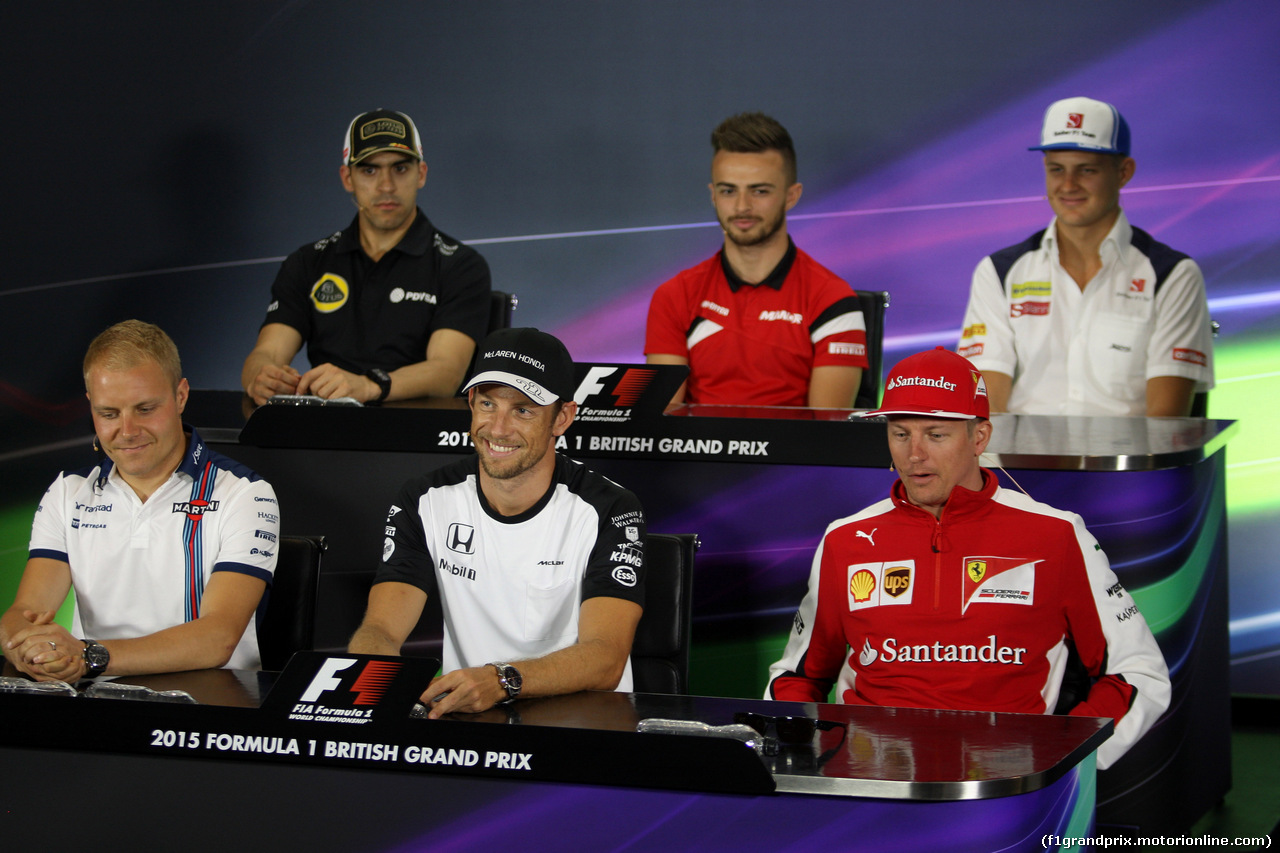 GP GRAN BRETAGNA, 02.07.2015 - Conferenza Stampa, (L-R) Pastor Maldonado (VEN) Lotus F1 Team E23, William Stevens (GBR) Manor Marussia F1 Team, Marcus Ericsson (SUE) Sauber C34, Valtteri Bottas (FIN) Williams F1 Team FW37, Jenson Button (GBR)  McLaren Honda MP4-30. e Kimi Raikkonen (FIN) Ferrari SF15-T