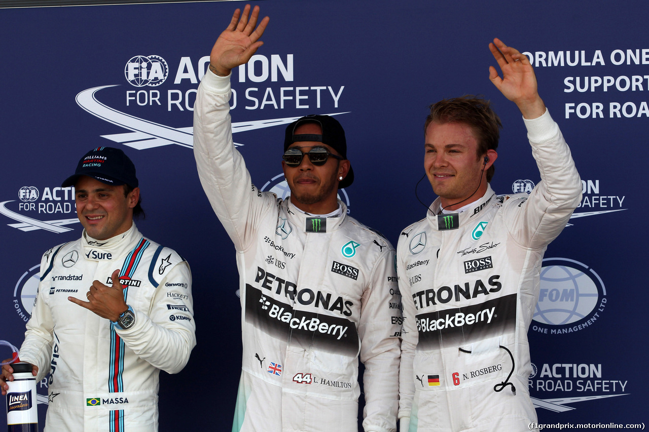 GP GRAN BRETAGNA, 04.07.2015 - Qualifiche, Lewis Hamilton (GBR) Mercedes AMG F1 W06 pole position, secondo Nico Rosberg (GER) Mercedes AMG F1 W06 e terzo Felipe Massa (BRA) Williams F1 Team FW37