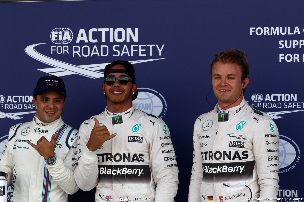 GP GRAN BRETAGNA, 04.07.2015 - Qualifiche, Lewis Hamilton (GBR) Mercedes AMG F1 W06 pole position, secondo Nico Rosberg (GER) Mercedes AMG F1 W06 e terzo Felipe Massa (BRA) Williams F1 Team FW37