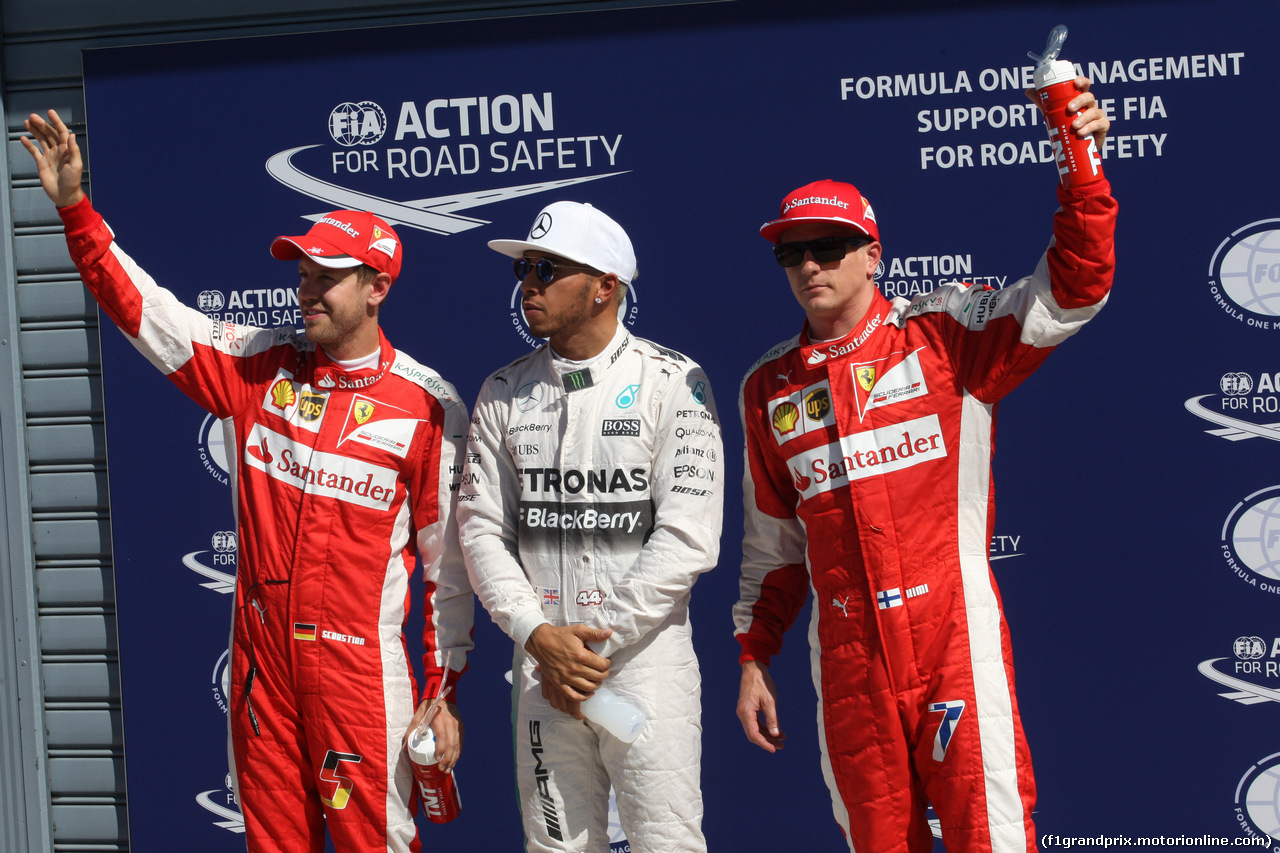 GP ITALIA, 05.09.2015 - Qualifiche, terzo Sebastian Vettel (GER) Red Bull Racing RB10, Lewis Hamilton (GBR) Mercedes AMG F1 W05 pole position e secondo Kimi Raikkonen (FIN) Ferrari F14-T
