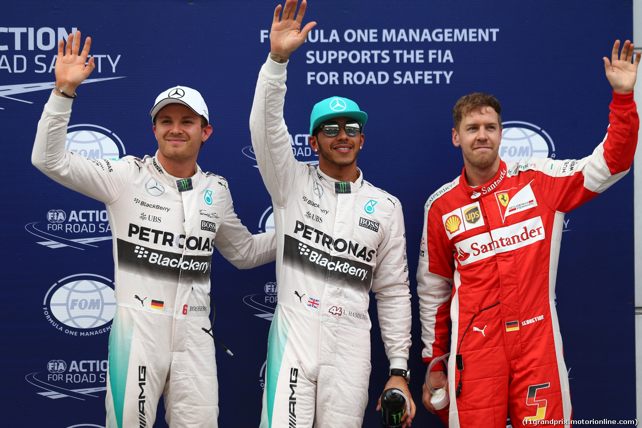GP MALESIA, 28.03.2015 - Qualifiche, terzo Nico Rosberg (GER) Mercedes AMG F1 W06, Lewis Hamilton (GBR) Mercedes AMG F1 W06 pole position e secondo  Sebastian Vettel (GER) Ferrari SF15-T