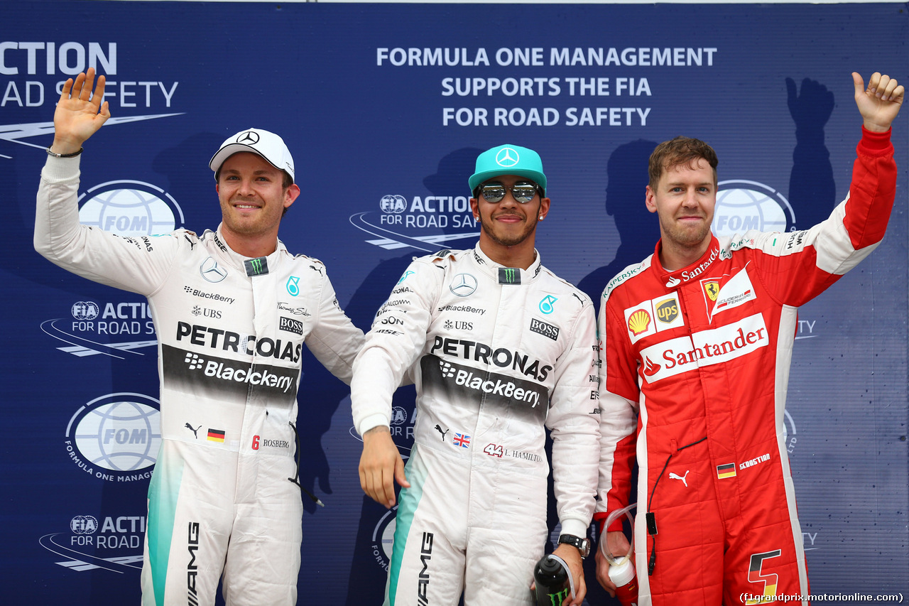 GP MALESIA, 28.03.2015 - Qualifiche, terzo Nico Rosberg (GER) Mercedes AMG F1 W06, Lewis Hamilton (GBR) Mercedes AMG F1 W06 pole position e secondo  Sebastian Vettel (GER) Ferrari SF15-T