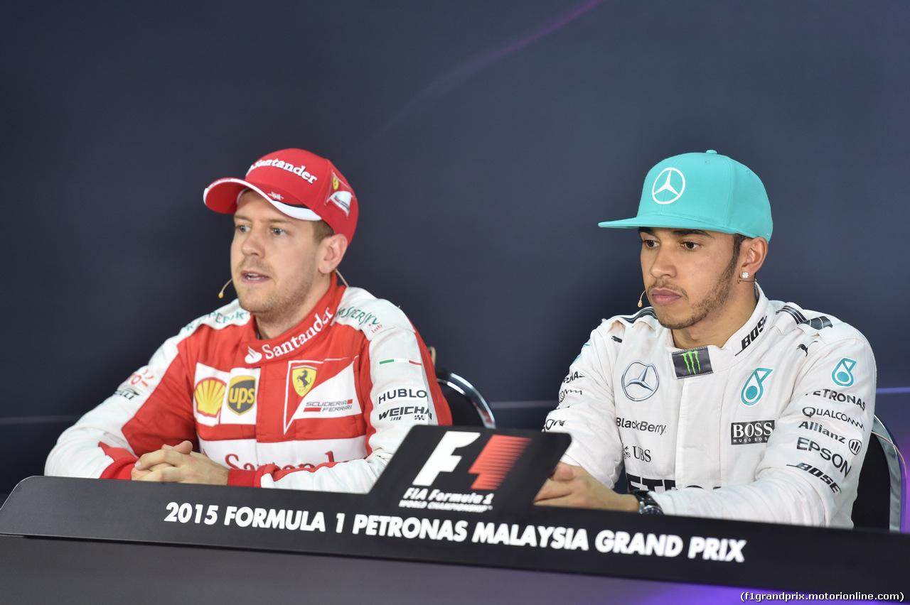 GP MALESIA, 28.03.2015 - Qualifiche, Conferenza Stampa, Sebastian Vettel (GER) Ferrari SF15-T e Lewis Hamilton (GBR) Mercedes AMG F1 W06