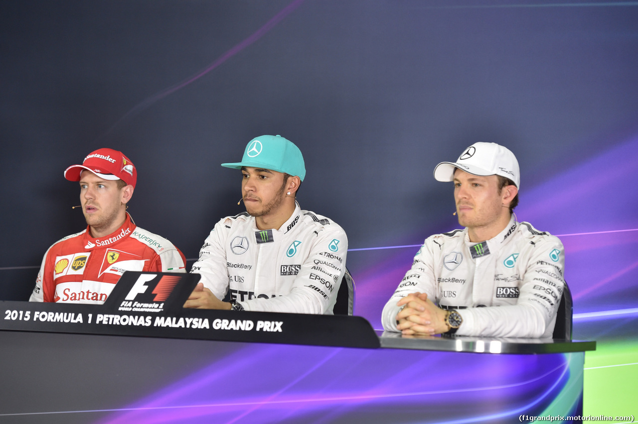 GP MALESIA, 28.03.2015 - Qualifiche, Conferenza Stampa, Sebastian Vettel (GER) Ferrari SF15-T, Lewis Hamilton (GBR) Mercedes AMG F1 W06 e Nico Rosberg (GER) Mercedes AMG F1 W06