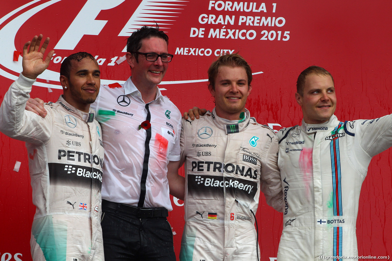GP MESSICO, 01.11.2015 - Gara, 1st position Nico Rosberg (GER) Mercedes AMG F1 W06, 2à Lewis Hamilton (GBR) Mercedes AMG F1 W06 e terzo Valtteri Bottas (FIN) Williams F1 Team FW37