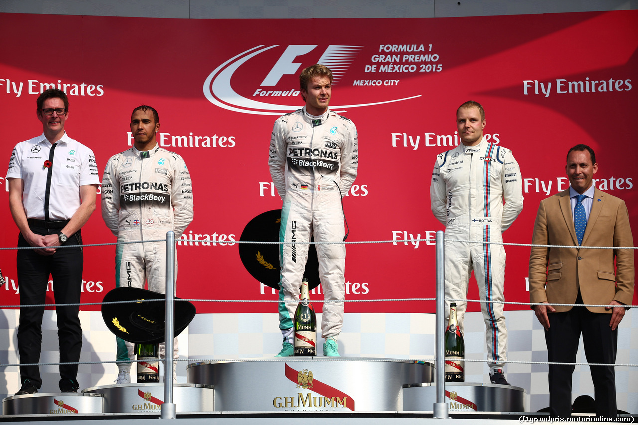 GP MESSICO, 01.11.2015 - Gara, 1st position Nico Rosberg (GER) Mercedes AMG F1 W06, secondo Lewis Hamilton (GBR) Mercedes AMG F1 W06 e terzo Valtteri Bottas (FIN) Williams F1 Team FW37