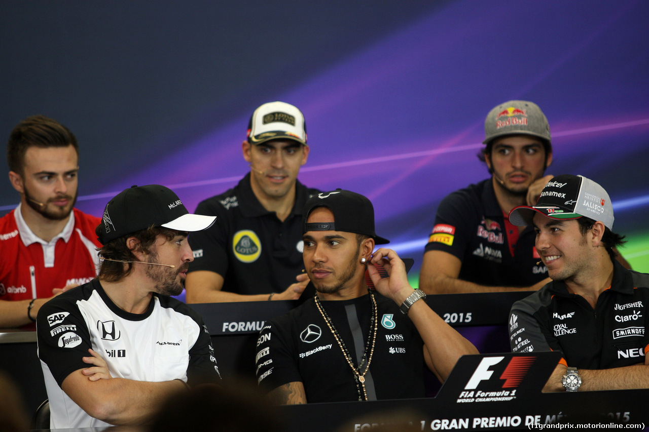 GP MESSICO, 29.10.2015 - Conferenza Stampa, William Stevens (GBR) Manor Marussia F1 Team, Pastor Maldonado (VEN) Lotus F1 Team E23, Carlos Sainz Jr (ESP) Scuderia Toro Rosso STR10, Fernando Alonso (ESP) McLaren Honda MP4-30, Lewis Hamilton (GBR) Mercedes AMG F1 W06 e Sergio Perez (MEX) Sahara Force India F1 VJM08