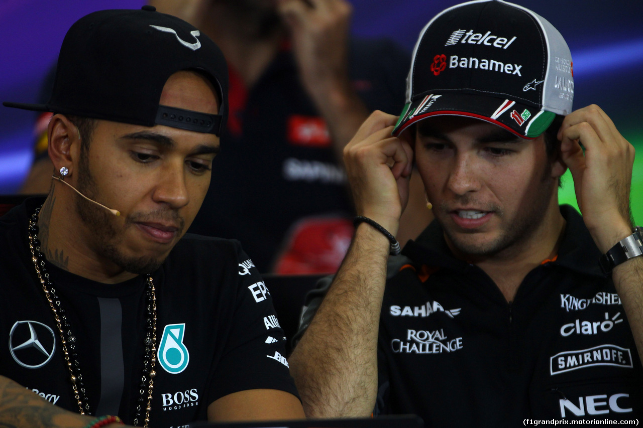 GP MESSICO, 29.10.2015 - Conferenza Stampa, Lewis Hamilton (GBR) Mercedes AMG F1 W06 e Sergio Perez (MEX) Sahara Force India F1 VJM08