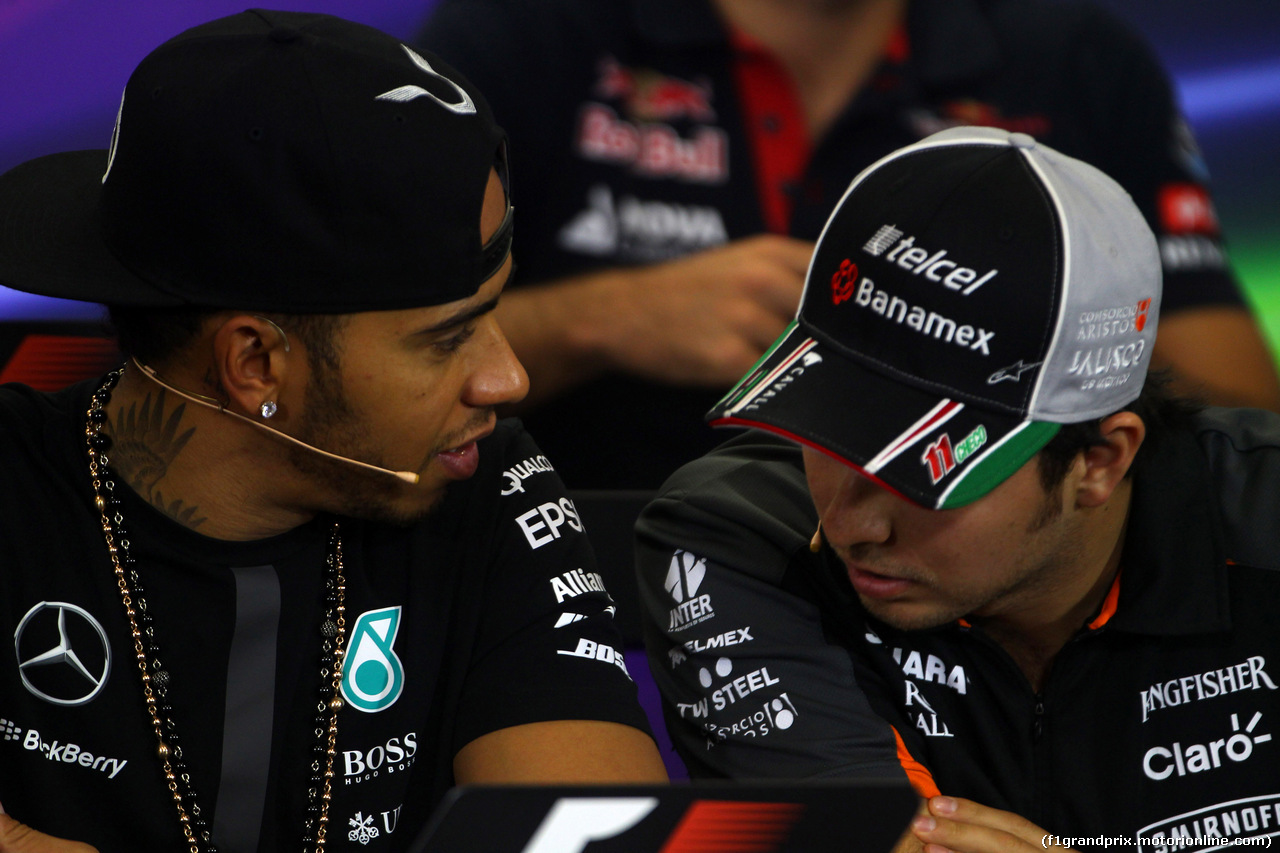 GP MESSICO, 29.10.2015 - Conferenza Stampa, Lewis Hamilton (GBR) Mercedes AMG F1 W06 e Sergio Perez (MEX) Sahara Force India F1 VJM08