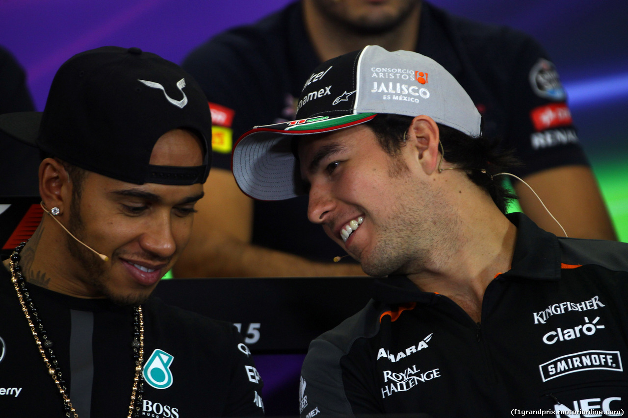 GP MESSICO, 29.10.2015 - Conferenza Stampa, Lewis Hamilton (GBR) Mercedes AMG F1 W06 e Sergio Perez (MEX) Sahara Force India F1 VJM08