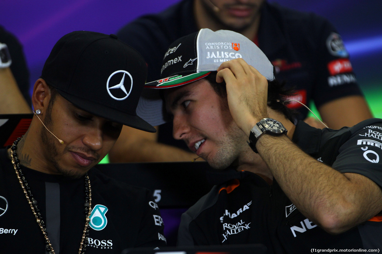 GP MESSICO, 29.10.2015 - Conferenza Stampa, Lewis Hamilton (GBR) Mercedes AMG F1 W06 e Sergio Perez (MEX) Sahara Force India F1 VJM08