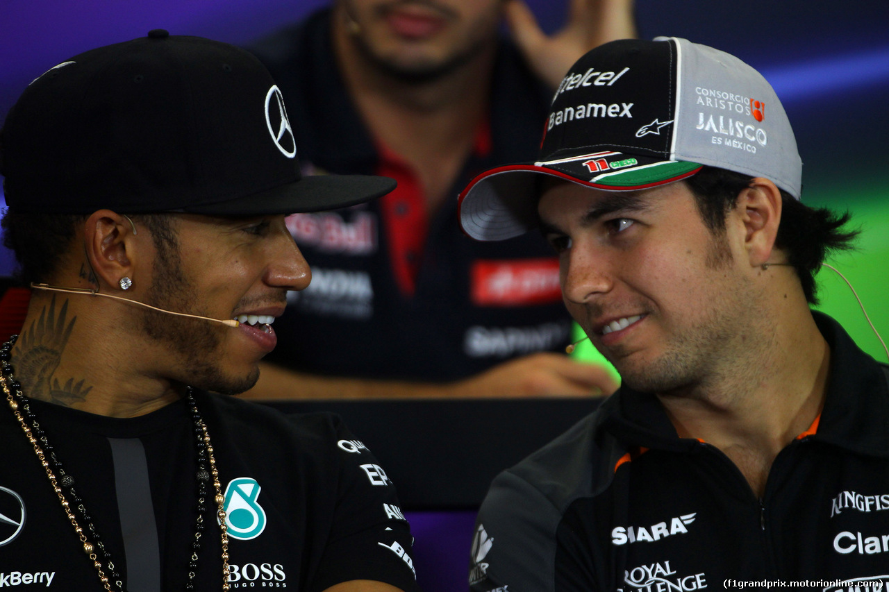 GP MESSICO, 29.10.2015 - Conferenza Stampa, Lewis Hamilton (GBR) Mercedes AMG F1 W06 e Sergio Perez (MEX) Sahara Force India F1 VJM08