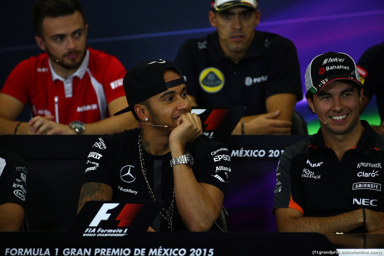 GP MESSICO, 29.10.2015 - Conferenza Stampa, Lewis Hamilton (GBR) Mercedes AMG F1 W06 e Sergio Perez (MEX) Sahara Force India F1 VJM08