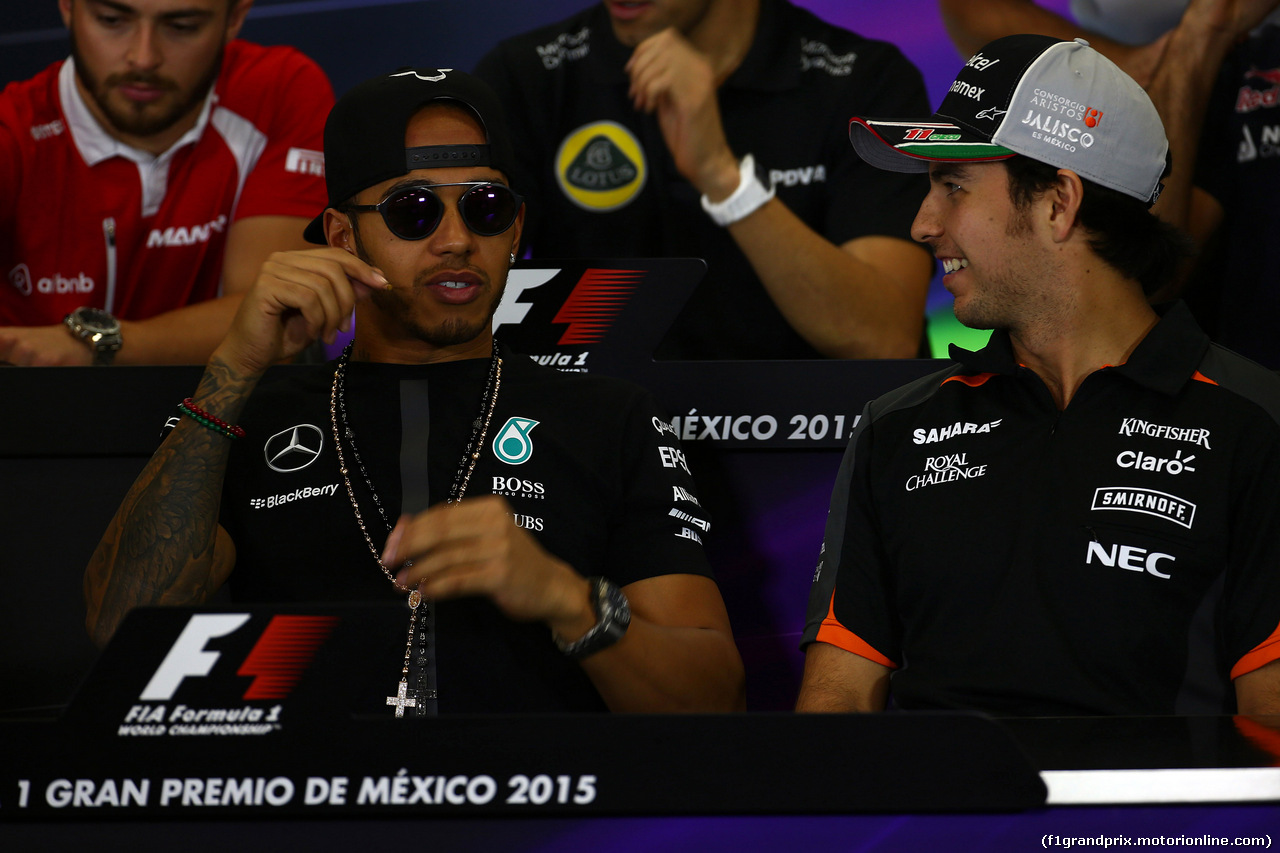 GP MESSICO, 29.10.2015 - Conferenza Stampa, Lewis Hamilton (GBR) Mercedes AMG F1 W06 e Sergio Perez (MEX) Sahara Force India F1 VJM08