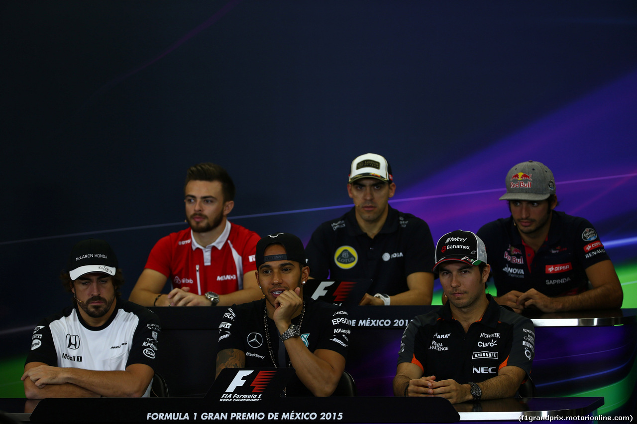 GP MESSICO, 29.10.2015 - Conferenza Stampa, William Stevens (GBR) Manor Marussia F1 Team, Pastor Maldonado (VEN) Lotus F1 Team E23, Carlos Sainz Jr (ESP) Scuderia Toro Rosso STR10, Fernando Alonso (ESP) McLaren Honda MP4-30, Lewis Hamilton (GBR) Mercedes AMG F1 W06 e Sergio Perez (MEX) Sahara Force India F1 VJM08
