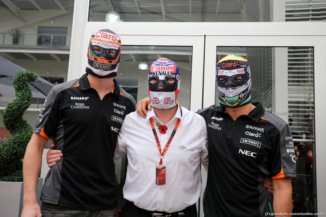 GP MESSICO, 29.10.2015 - Nico Hulkenberg (GER) Sahara Force India F1 VJM08, Nigel Mansell (GBR) e Sergio Perez (MEX) Sahara Force India F1 VJM08
