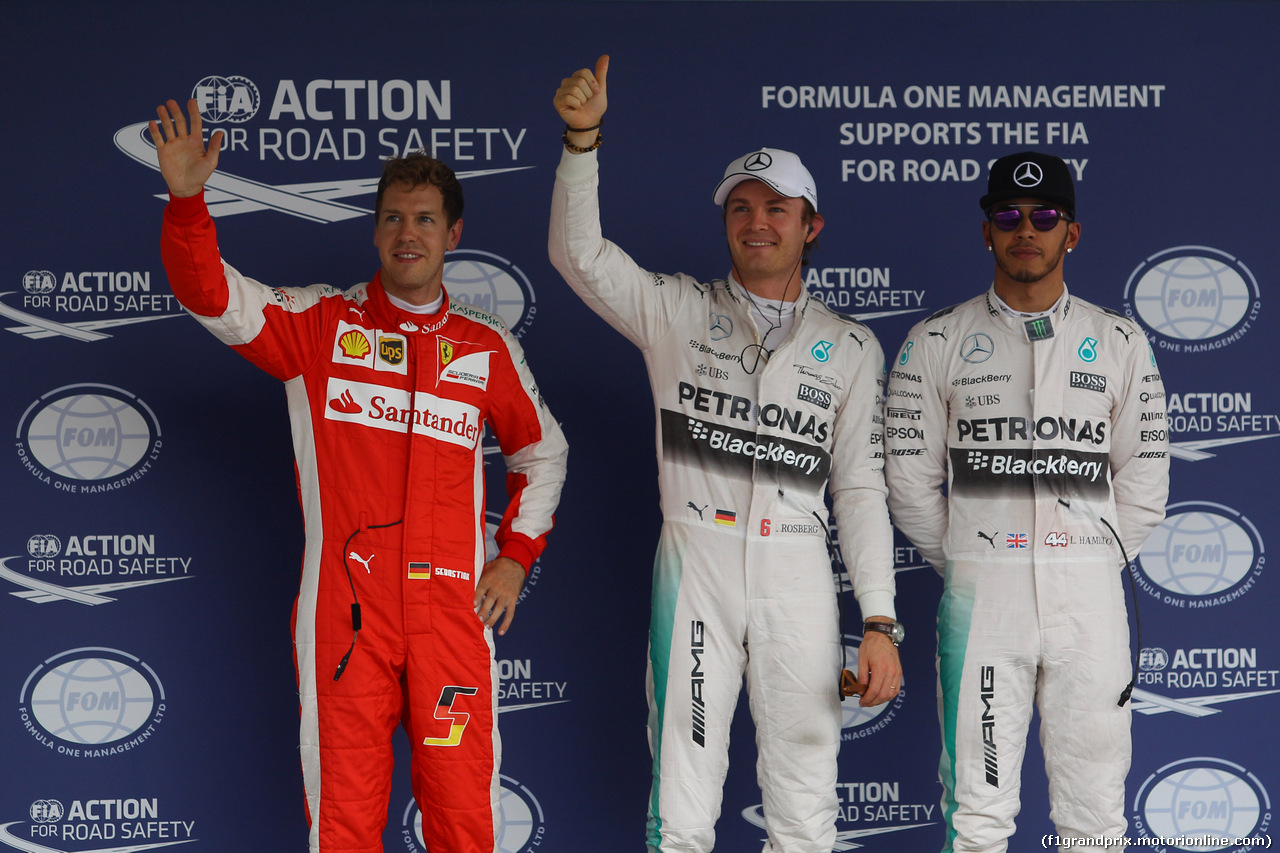 GP MESSICO, 31.10.2015- Qualifiche, terzo Sebastian Vettel (GER) Ferrari SF15-T, Nico Rosberg (GER) Mercedes AMG F1 W06 pole position e secondo Lewis Hamilton (GBR) Mercedes AMG F1 W06
