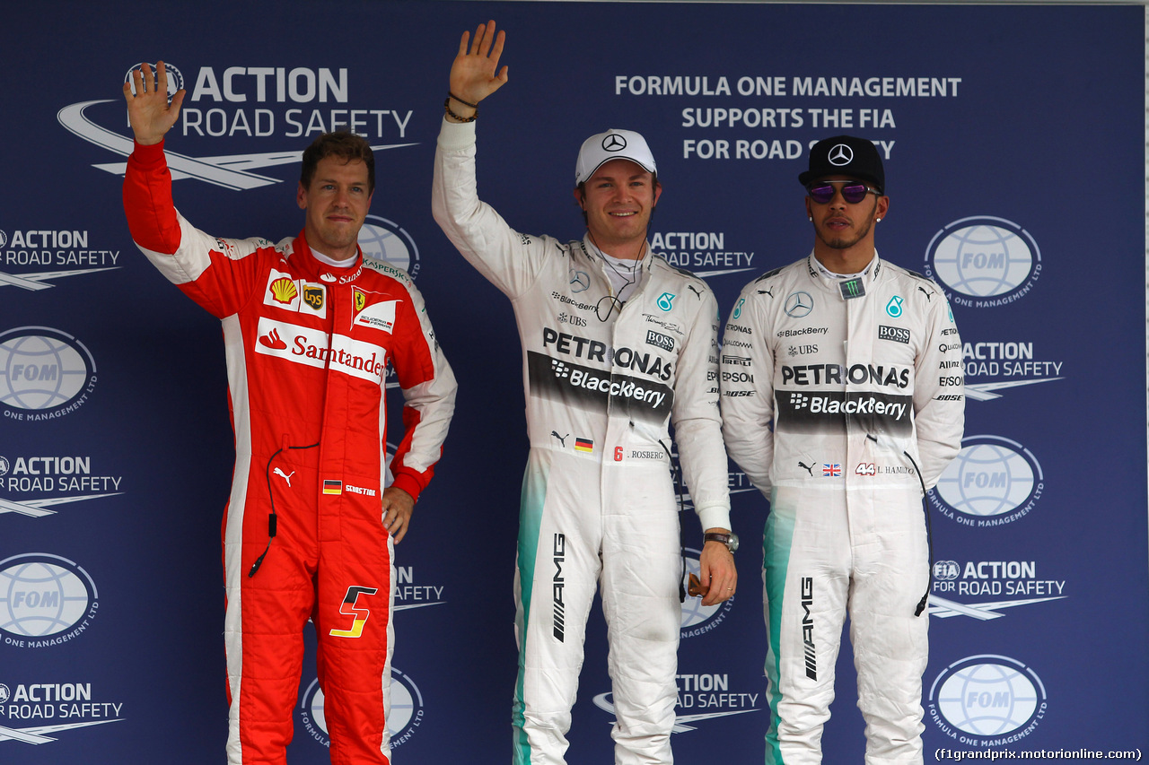 GP MESSICO, 31.10.2015- Qualifiche, terzo Sebastian Vettel (GER) Ferrari SF15-T, Nico Rosberg (GER) Mercedes AMG F1 W06 pole position e secondo Lewis Hamilton (GBR) Mercedes AMG F1 W06