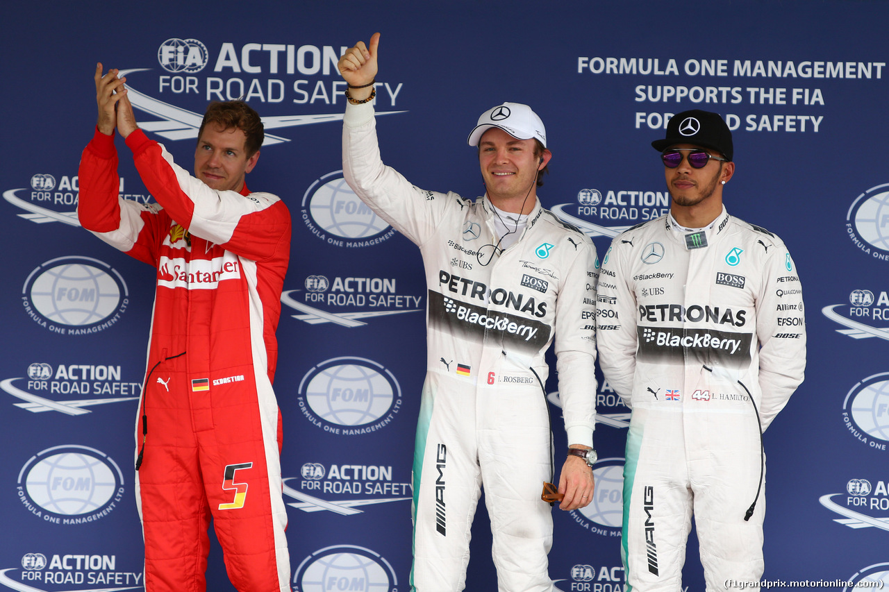 GP MESSICO, 31.10.2015- Qualifiche, terzo Sebastian Vettel (GER) Ferrari SF15-T, Nico Rosberg (GER) Mercedes AMG F1 W06 pole position e secondo Lewis Hamilton (GBR) Mercedes AMG F1 W06